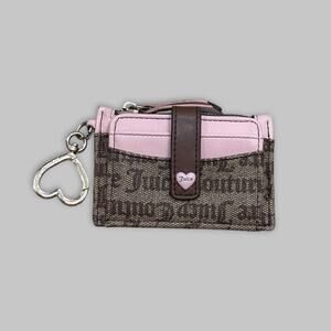 Juicy Couture Brown & Pink Logo Card Holder Wallet with Heart Keychain